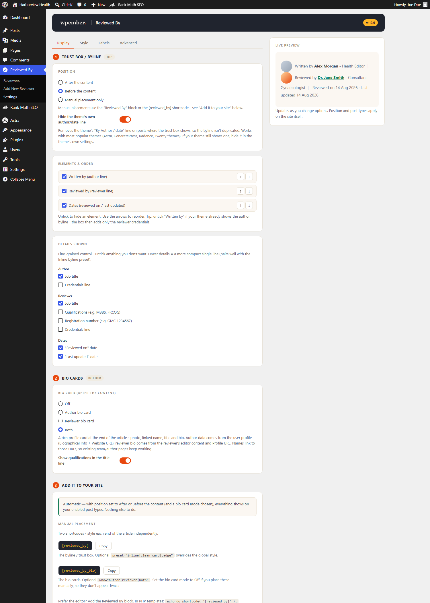 The settings screen with a live preview