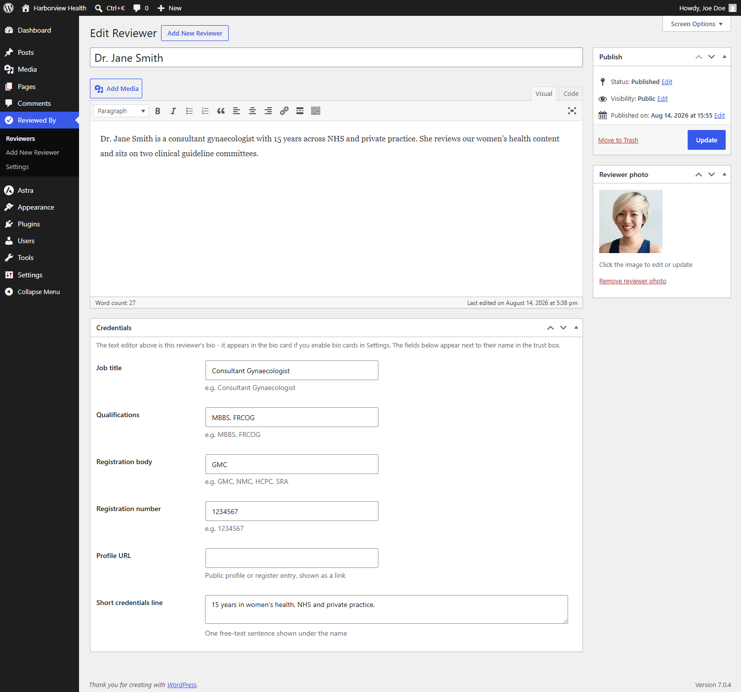 Reviewer profile with credential fields